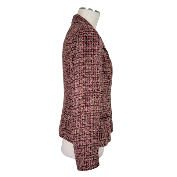 Le Suit Tweed Skirt Suit 12P Brown Olive Flap Pockets Tulip Hem Velvet Buttons - Picture 3 of 10